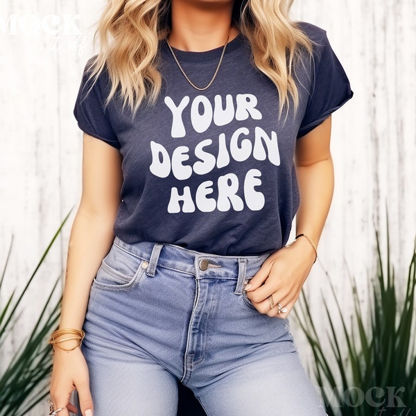 Heather Navy Bella Canvas 3001 TShirt Mockup, Women's T-shirt Mockup, Outdoor Greenery, Lifestyle Summer Mockup, Blonde Model Boho Aesthetic