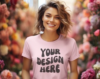 Pink Mockup, Bella Canvas 3001 TShirt Mockup, Spring Mockup, Women's Pink T-shirt Mockup, Flower Mock, Garden Lifestyle Mockup, Trendy Boho