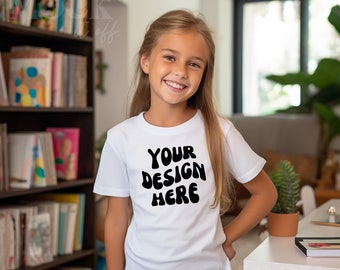 Kids Mockup, White Comfort Colors 9018 Youth Midweight Tee Mockup, Children&#39;s White T-shirt Mockup Trendy, Homeschool Kids Mock, Indoor Mock