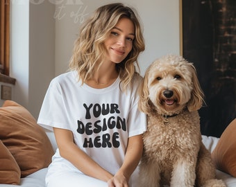 Dog Mom Mockup, Comfort Colors White Tshirt C1717 Mockup, Pet Mockup, White Tshirt Model Mockup, Boho Aesthetic White Shirt Mockup with Dog