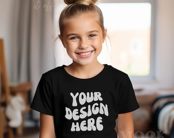 Girl Mockup, Black Bella Canvas 3001Y TShirt Mockup, Children&#39;s Black Tshirt Mockup, Young Girl Mockup, Kid Model Indoor Boho Chic Aesthetic