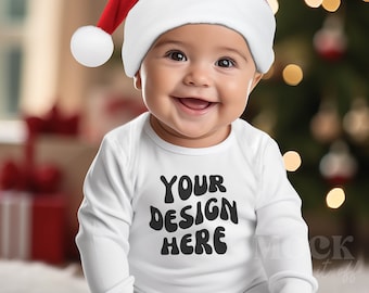 Christmas Baby Mockup, White Rabbit Skins 4411 Mockup, Infant Long Sleeve Bodysuit, White Bodysuit Baby Model Mock 4411 One-Piece Longsleeve