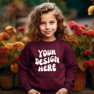 Kids Mockup, Maroon Gildan 18000B Sweatshirt Mockup, Children&#39;s Maroon Gildan Sweatshirt Mock, Young Girl Mockup, Girl Fall Autumn Mockup