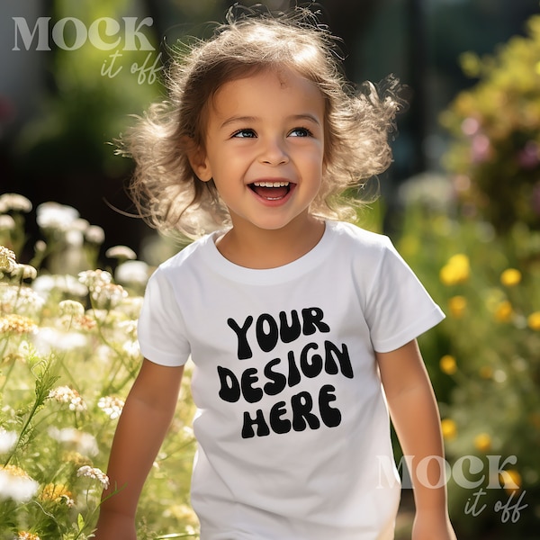 Toddler 3T Mockup, White Bella Canvas 3001T TShirt Mockup, Toddler White Bella Canvas T-shirt Mockup, Young Girl Model Outside, Flower Mock