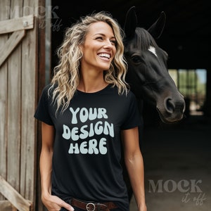 Horse Mockup, Western Cowgirl Mockup, Black Bella Canvas 3001 TShirt Mockup, Blonde Model Mockup, Women's Black T-shirt Mockup, Farm Life