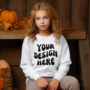 Kids Pumpkin Mockup, White Gildan 18000B Sweatshirt Mockup, Children&#39;s Mockup, Young Girl Mockup, Spooky Season Halloween Fall Autumn Mockup