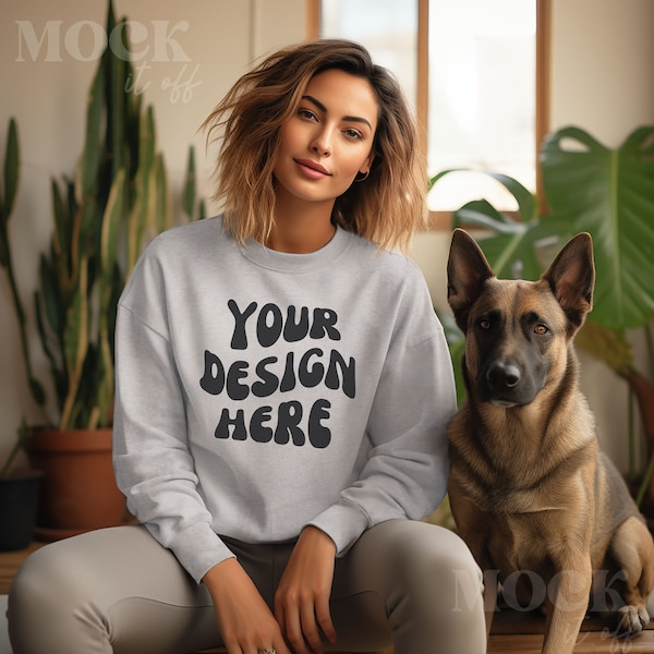 Dog Mockup, Ash Gildan 18000 Sweatshirt Mockup, Women's Ash Grey Sweatshirt Mockup, Ash Gray Gildan Crewneck, Indoor Boho Aesthetic Mockup