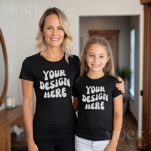 Mommy and Me Black T-Shirt Mockup, Mama Me Tshirt mockup, Mom and Daughter Matching Outfit Mockup, Mommy and Mini Black Bella Canvas Mock