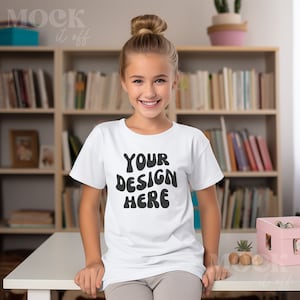 Kids School Mockup, White Gildan 5000B TShirt Mockup, Children&#39;s White Gildan T-shirt Mockup, Girl at School Mock, Homeschool Classroom Mock