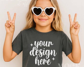 Kids Mockup, Pepper Comfort Colors 9018 Youth Midweight Tee Mockup, Children's Pepper Gray T-shirt Mockup Trendy Boho, Girls Summer Mockup