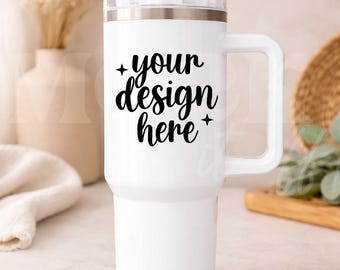 White 40 oz Tumbler Mockup, White Tumbler with Handle, 40 oz Coffee Tumbler Mockup, Boho Indoor Trendy Lifestyle Mockup