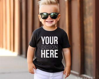 Kids Black Bella Canvas 3001T Mockup, Boy Black T-Shirt Mockup, Toddler Boy Summer Mockup, Kids T-Shirt Mock, Boy Tee Mockup Kids Outdoor