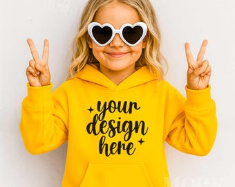 Girls Gold Gildan Youth Hooded Sweatshirt Mockup, Gold Yellow Gildan 18500B Hoodie Mockup, Cool Girl Hoodie Children's Cute Boho Mockup