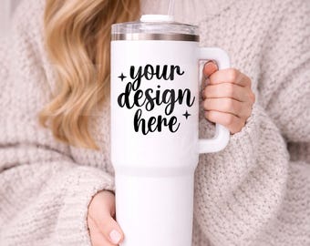 White 40 oz Tumbler Mockup, White Tumbler with Handle, 40 oz Coffee Tumbler Mockup, Female Indoor Trendy Lifestyle Mockup