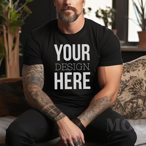 Male Mockup, Black Bella Canvas 3001 TShirt Mockup, Men&#39;s Black T-shirt Mockup, Tattooed Model Mockup, Indoor Modern Aesthetic Boho Mockup