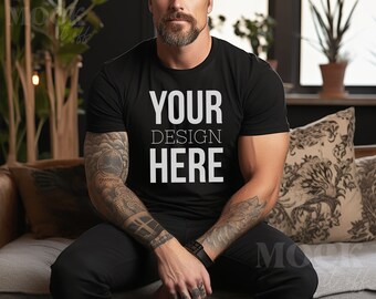 Mannelijk Mockup, Zwart Bella Canvas 3001 TShirt Mockup, Heren Zwart T-shirt Mockup, Getatoeëerd Model Mockup, Indoor Modern Esthetisch Boho Mockup
