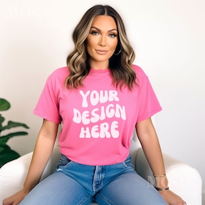 Crunchberry Comfort Colors 1717 Tshirt Mockup, Female Model Boho Chic Aesthetic, Greenery Lifestyle Mock up, Womens Pink Crunchberry Mock