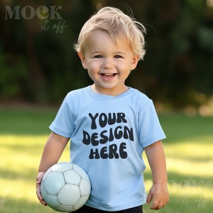 Toddler Mockup, Infant Light Blue Rabbit Skins 3322 Mockup, Light Blue Infant Fine Jersey Tee Mockup Baby Adorable Toddler Model Soccer Ball