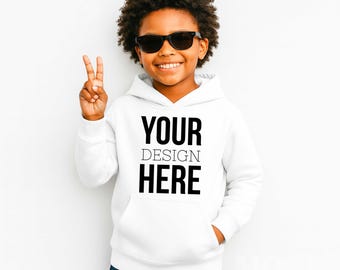 Boys White Gildan 18500B Gildan Hooded Sweatshirt Youth Mockup, POC Children's Diverse Inclusive Black Boy Hoodie, Cool Boy White Mockup