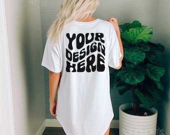White Back of Shirt Comfort Colors 1717 Tshirt Mockup, Female Model White Comfort Colors, Boho Greenery Lifestyle Mock, Womens White Mockup