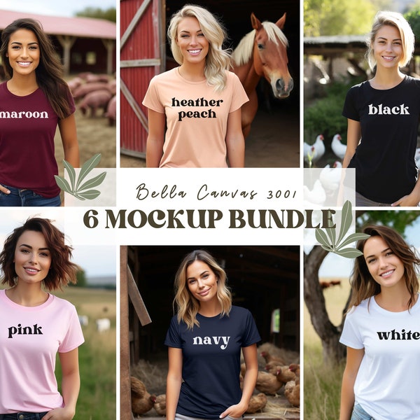 Womens Farming Mockup Bundle, Bella Canvas 3001 TShirt Mockup Bundle, Female Farm Mockup, Homestead Cows, Horses, Chickens, Pigs Mock Bundle