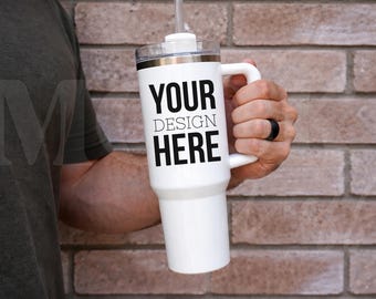 White 40 oz Tumbler Masculine Mockup, White Tumbler with Handle, 40 oz Coffee Tumbler Mock, Manly Outdoorsy Aesthetic Male Mockup