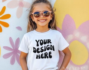 Kids Mockup, White Comfort Colors 9018 Youth Midweight Tee Mockup, Children's White T-shirt Mockup Trendy, Outoor Mural Summer Kids Mock