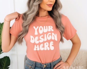 Sunset Bella Canvas 3001 TShirt Mockup, Women&#39;s Sunset Tshirt Mockup, Female Model Mockup, Indoor Boho Chic Greenery Aesthetic Mockup