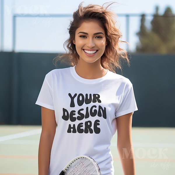 Tennis Mockup, White Gildan 64000 TShirt Mockup, Women's White Gildan T-shirt Mockup, Female Tennis Mock, Sports Mockup, Tennis Court Mockup