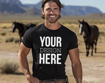 Male Western Mockup, Western Cowboy, Black Bella Canvas 3001 TShirt Mockup, Mens T-shirt Mockup, Desert Rancher with Horse, Manly Mockup