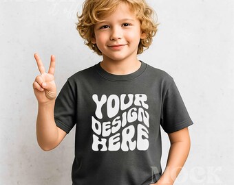 Boy Mockup, Charcoal Gildan 5000B TShirt Mockup, Gildan Boys Tshirt Mockup, Trendy Children's Outside Mockup, Kids Charcoal Gildan Tee Mock