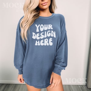 Blue Jean Longsleeve Mockup, Comfort Colors 6014 Longsleeve Mockup, Women&#39;s Blue Jean Mockup, Indoor Boho Chic Aesthetic, Blonde Model