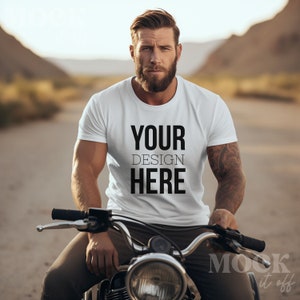 Male Mockup, White Gildan 64000 TShirt Mockup, Mens T-shirt Mockup, Motorcycle Mockup, Manly Biker Shirt Mockup, Outdoor Motorbike Mockup