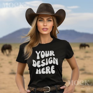 Black Bella Canvas 3001 TShirt Mockup, Womens Black Tee Western Mockup, Horse Rider Mockup, Black Shirt Farm Mockup, Female Cowgirl Mockup