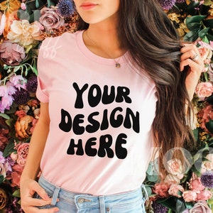 Spring Mockup, Pink Bella Canvas 3001 TShirt Mockup, Women&#39;s Light Pink T-shirt Mockup, Diverse Model Mockup, Asian Mockup Floral Background