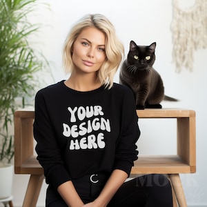 Cat Mockup, Black Gildan 18000 Sweatshirt Mockup, Blonde Model Mockup, Women&#39;s Black Crewneck Sweatshirt, Indoor Boho Cat Mom, Fur Mama Mock