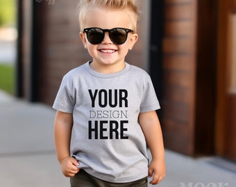 Kids Athletic Heather Bella Canvas 3001T Mockup, Boy Gray T-Shirt Mockup, Toddler Boy Summer Mockup, Kids Grey T-Shirt Mock, Boy Tee Mockup