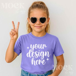 Kids Mockup, Violet Comfort Colors 9018 Youth Midweight Tee Mockup, Children's Violet Purple T-shirt Mockup Trendy, Outside Summer Kids Mock