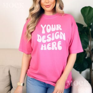 Crunchberry Comfort Colors 1717 Tshirt Mockup, Female Model Boho Chic Aesthetic, Greenery Lifestyle Mock up, Womens Pink Crunchberry Mock