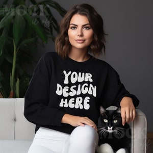 Cat Mockup, Black Gildan 18000 Sweatshirt Mockup, Brunette Model Mockup, Women&#39;s Black Crewneck Sweatshirt, Boho Cat Mom Mockup, Fur Mama