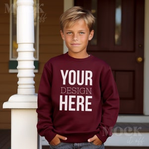 Kids Fall Mockup, Maroon Gildan 18000B Sweatshirt Mockup, Children&#39;s Maroon Gildan Sweatshirt Young Boy Mockup, Outdoor Porch Boho Mockup