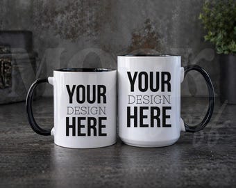 White 11 oz and 15 oz Accent Mug Mockup, 11 oz 15 oz Mug Comparison Masculine Mockup, Manly Indoor Aesthetic Mocks, Black Handle Accent Mug
