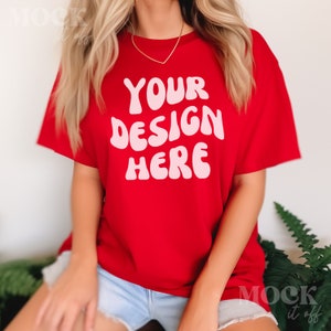 Red Mockup, Red Comfort Colors 1717 Tshirt Mockup, Female Model Boho Chic Lifestyle Greenery Mock, Womens Trendy Red C1717 Mockup