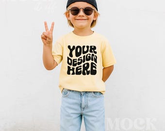 Boy Mockup, Butter Comfort Colors 9018 Youth Midweight Tee Boys Mockup, Children's Yellow T-shirt Mockup Trendy, Outdoor Summer Kids Mock