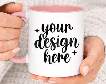 11 oz Pink Accent Mug Mock, White Mug with Light Pink Handle, Coffee Mug Ceramic with Female Mock, Feminine Mug Indoor Lifestyle Mockup
