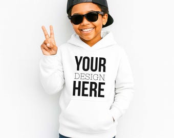 Boys White Gildan 18500B Gildan Hooded Sweatshirt Youth Mockup, POC Children's Diverse Inclusive Black Boy Hoodie, Cool Boy White Mockup
