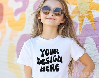 Kinder Mockup, Weiß Komfort Farben 9018 Jugend Midweight Tee Mockup, Kinder T-Shirt Mockup Trendy, Outoor Wandbild Sommer Kinder Mockup