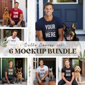 Può includere: Un pacchetto di mockup di sei design di t-shirt con un uomo e un cane. Le t-shirt sono di vari colori, tra cui rosso, bianco, blu, verde e nero. Il testo sulle t-shirt dice "Il tuo design qui".