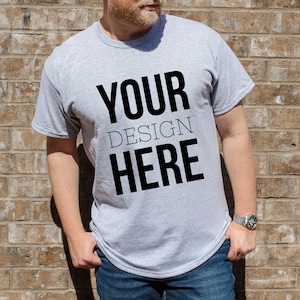 Male Mockup, Gildan 5000 Sport Grey Mockup, Gildan Model Mockup, Sport Grey T-Shirt Model Mock up, Gray Lifestyle Mockup Blonde Model Mockup
