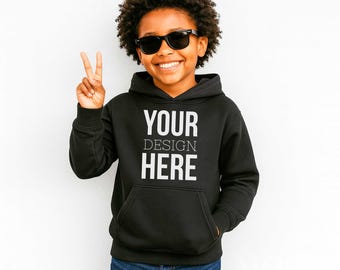Boys Black Gildan 18500B Gildan Hooded Sweatshirt Youth Mockup, POC Children's Diverse Inclusive Black Boy Hoodie, Cool Boy Black Mockup